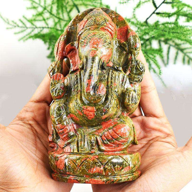 gemsmore:Artisian Blood Green Unakite Hand Carved Genuine Crystal Gemstone Carving Lord Ganesha