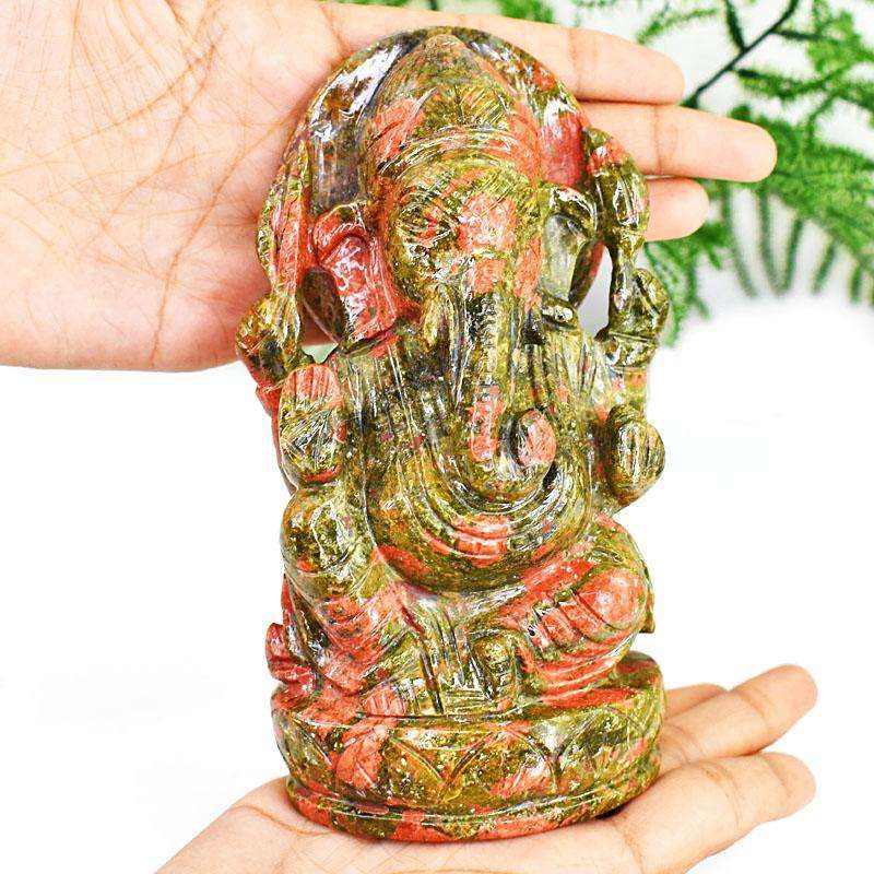 gemsmore:Artisian Blood Green Unakite Hand Carved Genuine Crystal Gemstone Carving Lord Ganesha