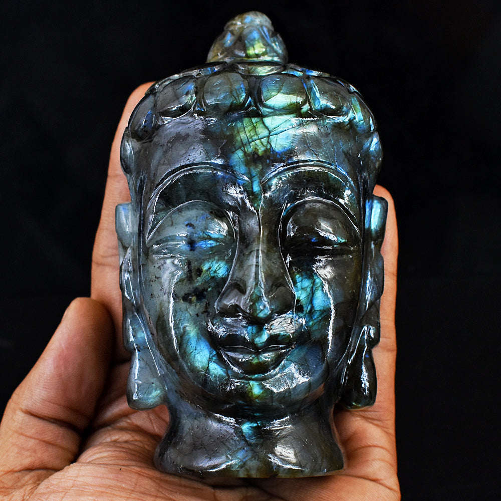 gemsmore:Artisian Blue Flash Labradorite Hand Carved Genuine Crystal Carving Buddha Head