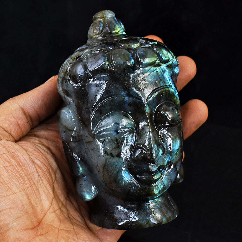gemsmore:Artisian Blue Flash Labradorite Hand Carved Genuine Crystal Carving Buddha Head