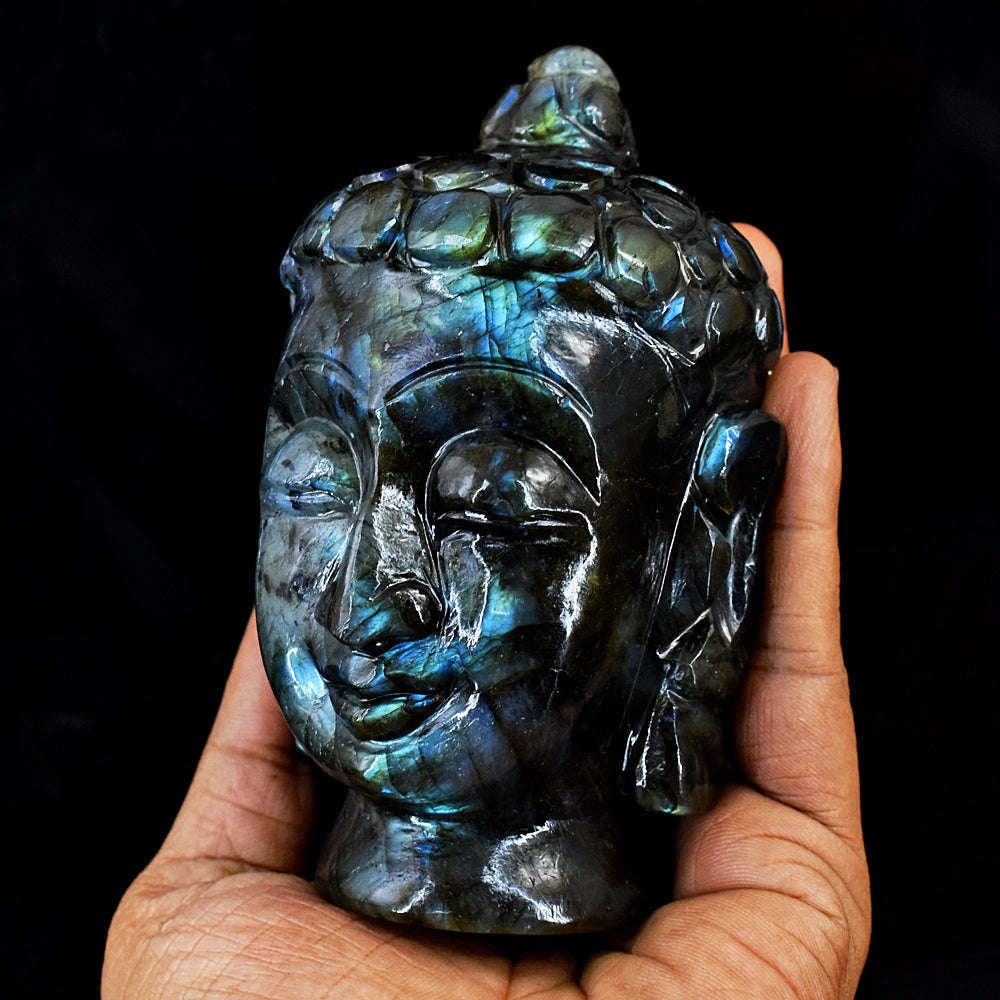 gemsmore:Artisian Blue Flash Labradorite Hand Carved Genuine Crystal Carving Buddha Head