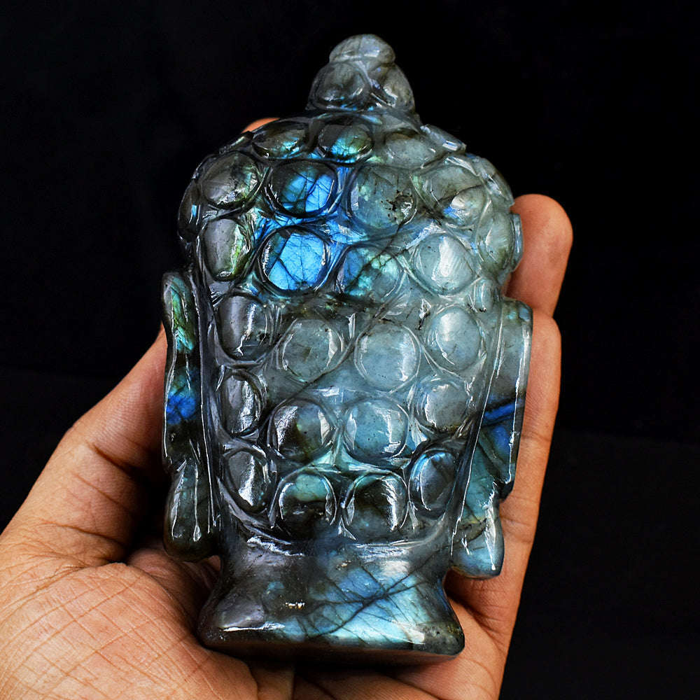 gemsmore:Artisian Blue Flash Labradorite Hand Carved Genuine Crystal Carving Buddha Head