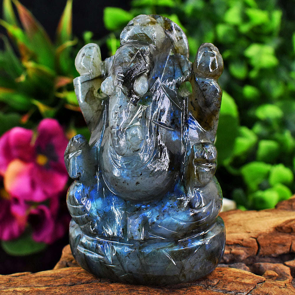 gemsmore:Artisian Blue Flash Labradorite Hand Carved Genuine Crystal Gemstone Carving Lord Ganesha