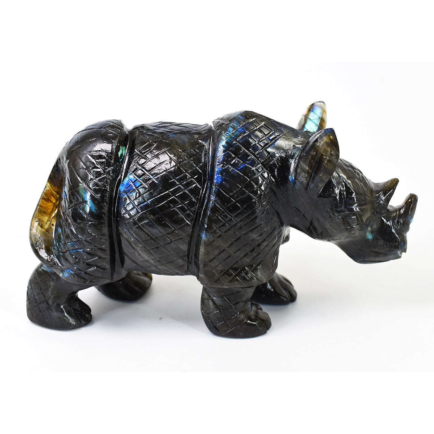 gemsmore:Artisian Blue & Golden Flash Labradorite Hand Carved Rhino