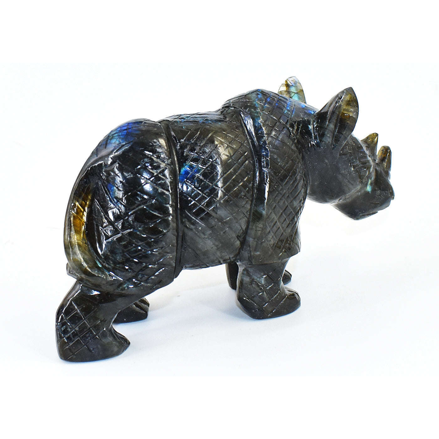 gemsmore:Artisian Blue & Golden Flash Labradorite Hand Carved Rhino