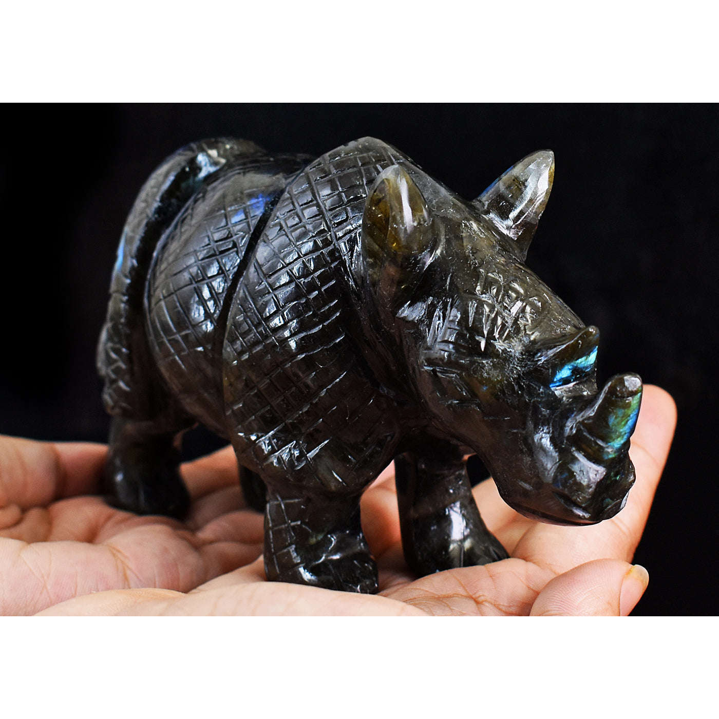 gemsmore:Artisian Blue & Golden Flash Labradorite Hand Carved Rhino