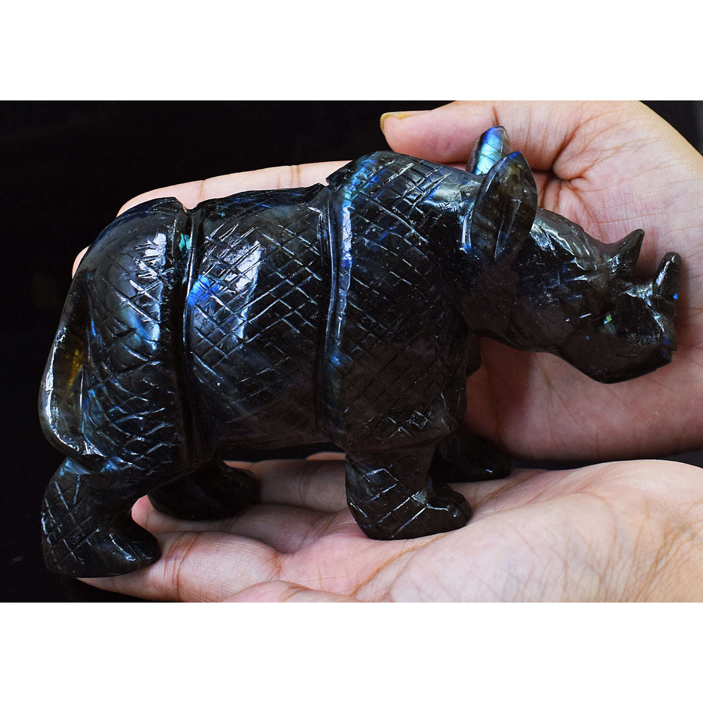 gemsmore:Artisian Blue & Golden Flash Labradorite Hand Carved Rhino