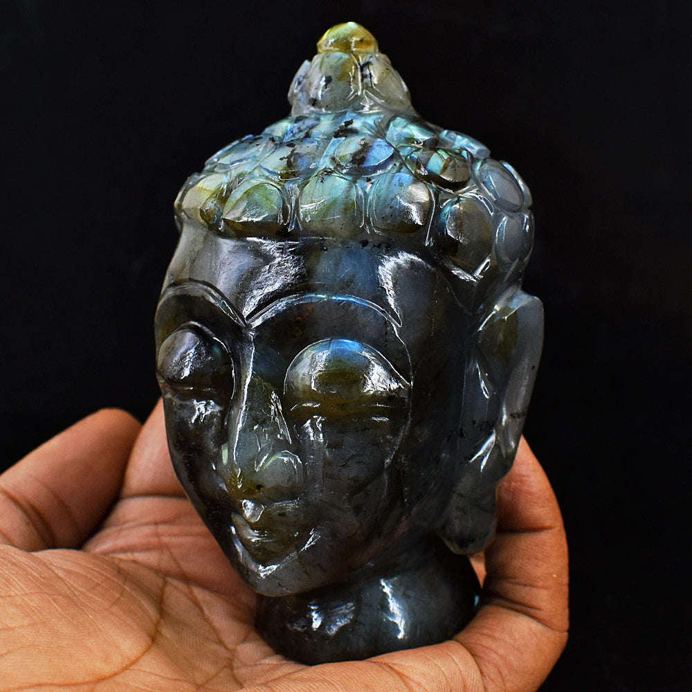 gemsmore:Artisian Blue & Green Flash Labradorite Hand Carved Buddha Head