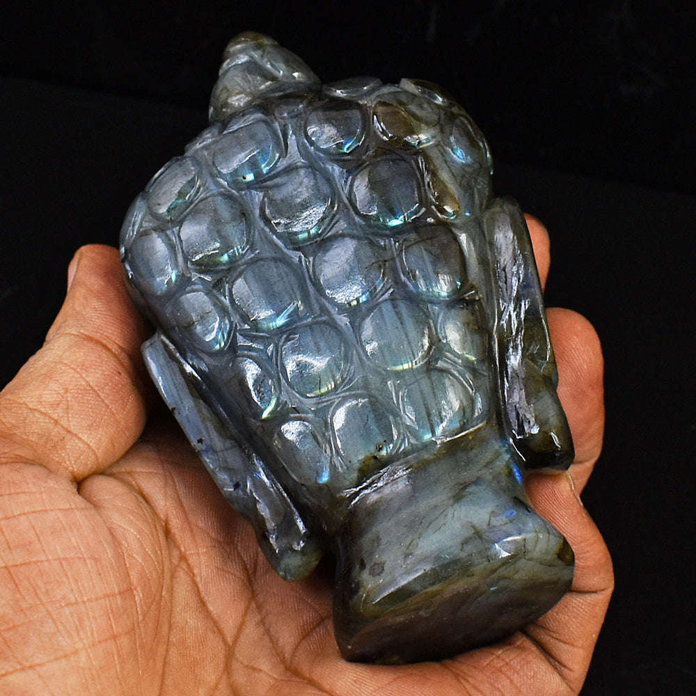 gemsmore:Artisian Blue & Green Flash Labradorite Hand Carved Buddha Head