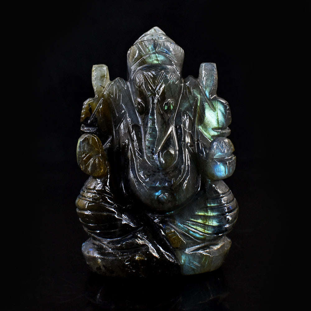 gemsmore:Artisian Blue & Green Flash Labradorite Hand Carved Lord Ganesha