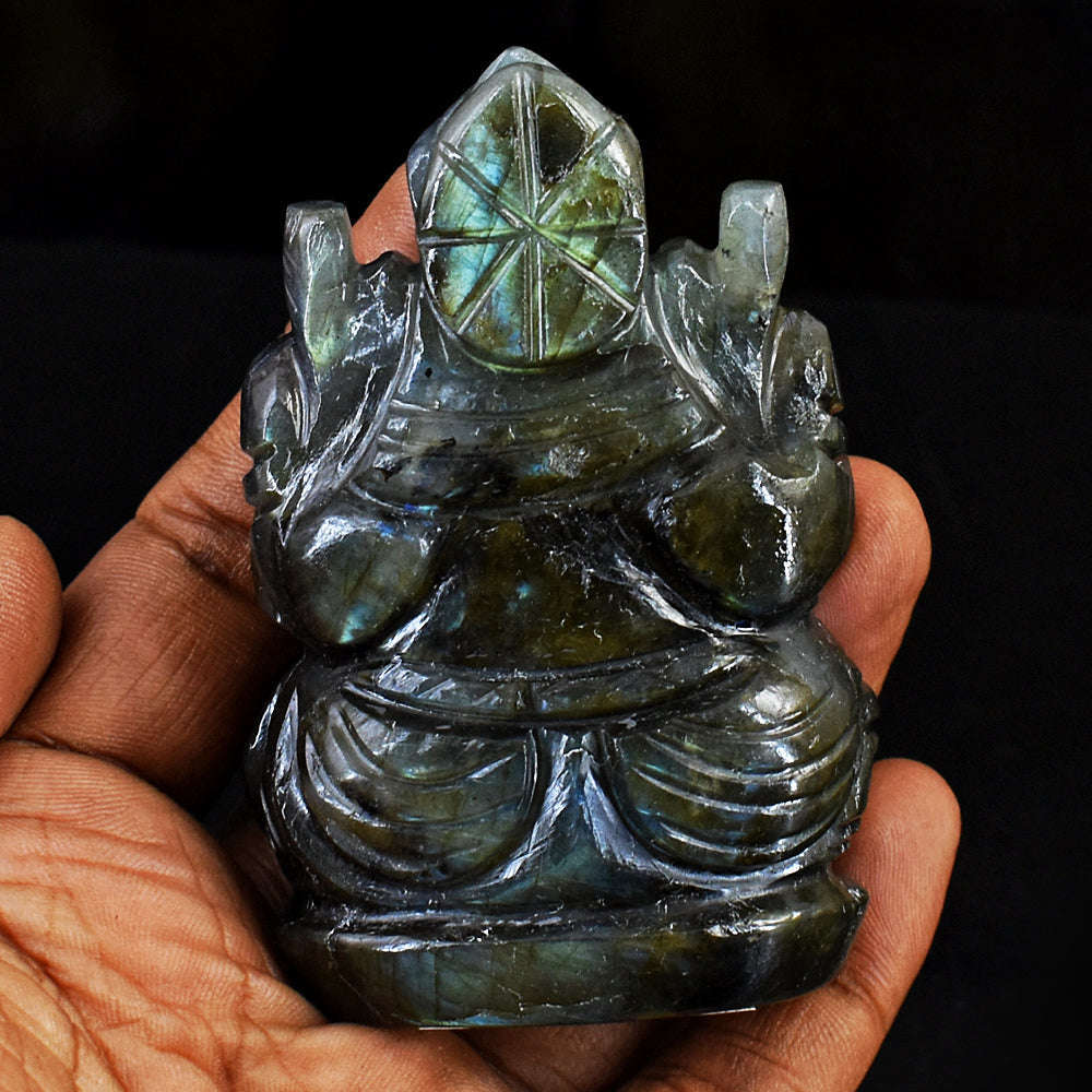 gemsmore:Artisian Blue & Green Flash Labradorite Hand Carved Lord Ganesha