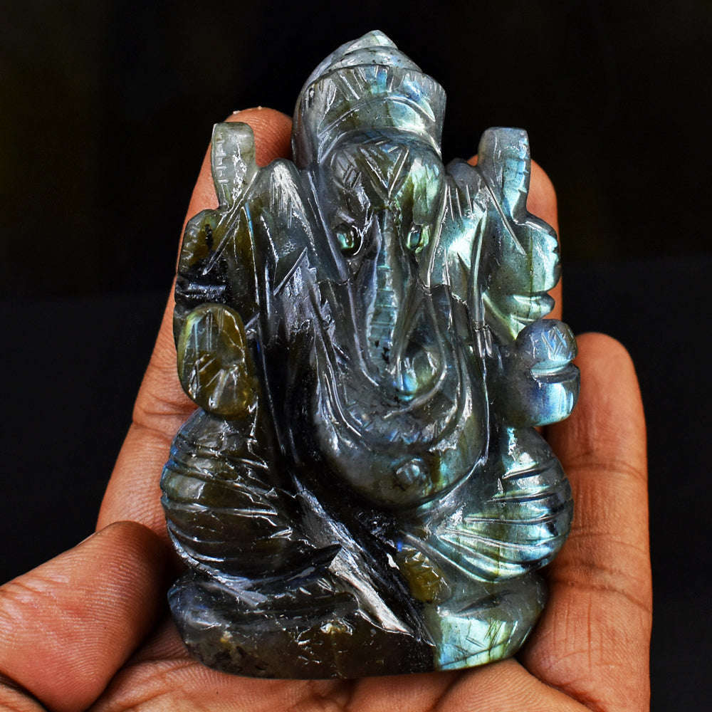 gemsmore:Artisian Blue & Green Flash Labradorite Hand Carved Lord Ganesha