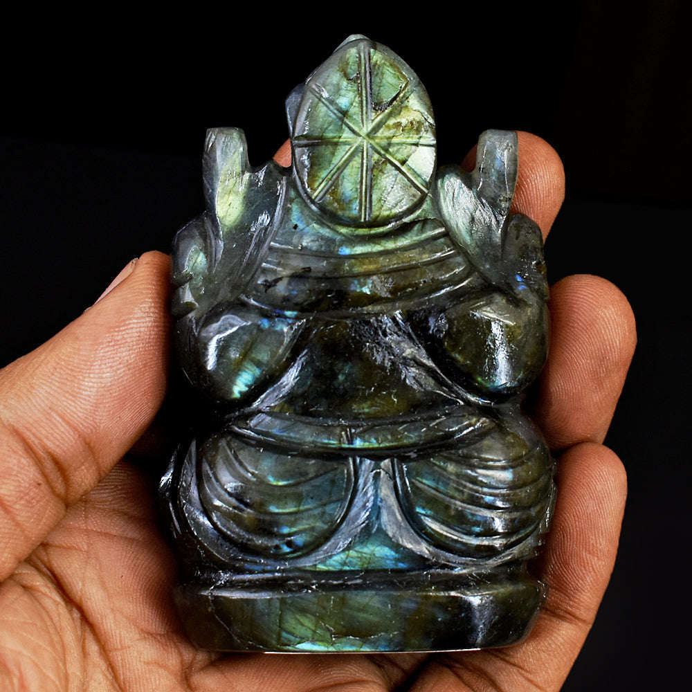 gemsmore:Artisian Blue & Green Flash Labradorite Hand Carved Lord Ganesha