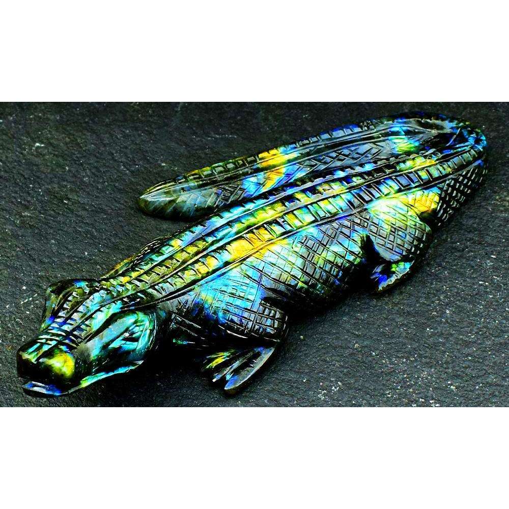 gemsmore:Artisian Carved Golden & Blue Flash Labradorite Crocodile