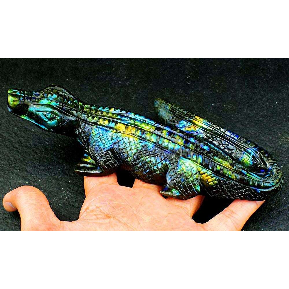 gemsmore:Artisian Carved Golden & Blue Flash Labradorite Crocodile