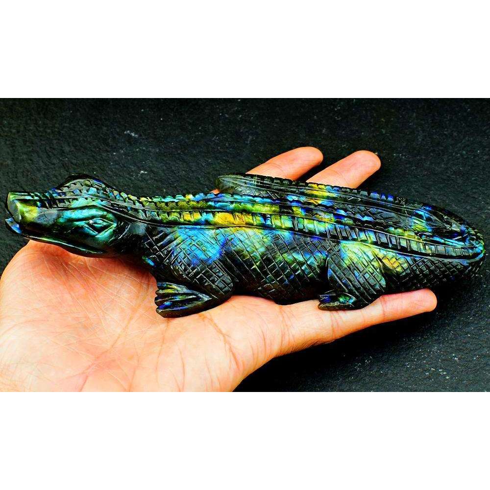 gemsmore:Artisian Carved Golden & Blue Flash Labradorite Crocodile