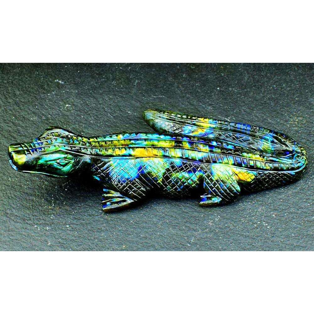 gemsmore:Artisian Carved Golden & Blue Flash Labradorite Crocodile