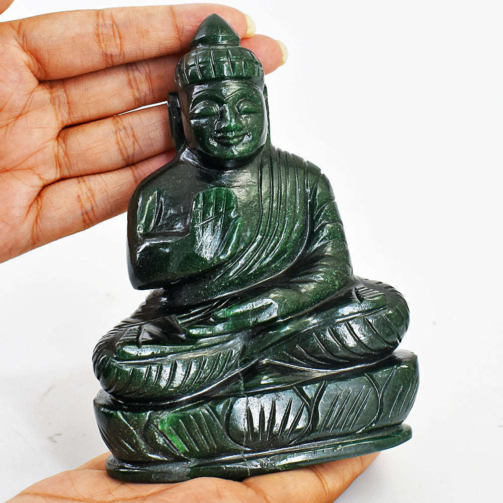 gemsmore:Artisian Carved Green Jade Lord Buddha Idol