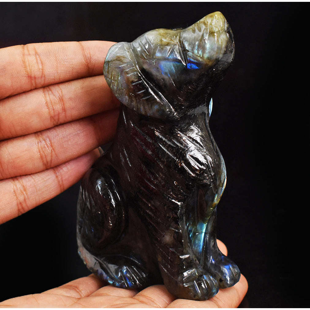 gemsmore:Artisian Golden & Blue Flash Labradorite Hand Carved Genuine Crystal Gemstone Carving Dog