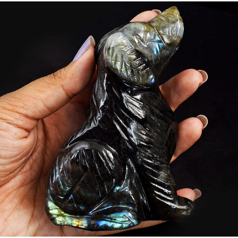 gemsmore:Artisian Golden & Blue Flash Labradorite Hand Carved Genuine Crystal Gemstone Carving Dog
