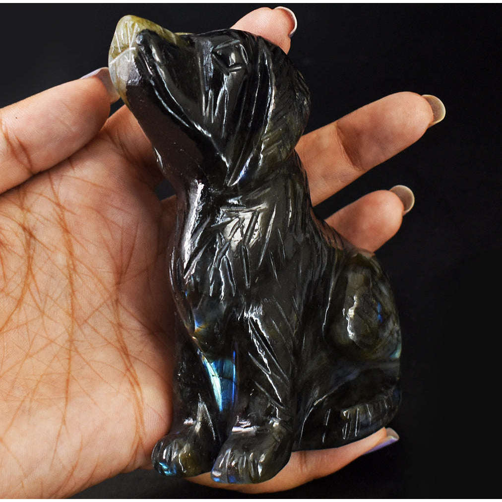 gemsmore:Artisian Golden & Blue Flash Labradorite Hand Carved Genuine Crystal Gemstone Carving Dog