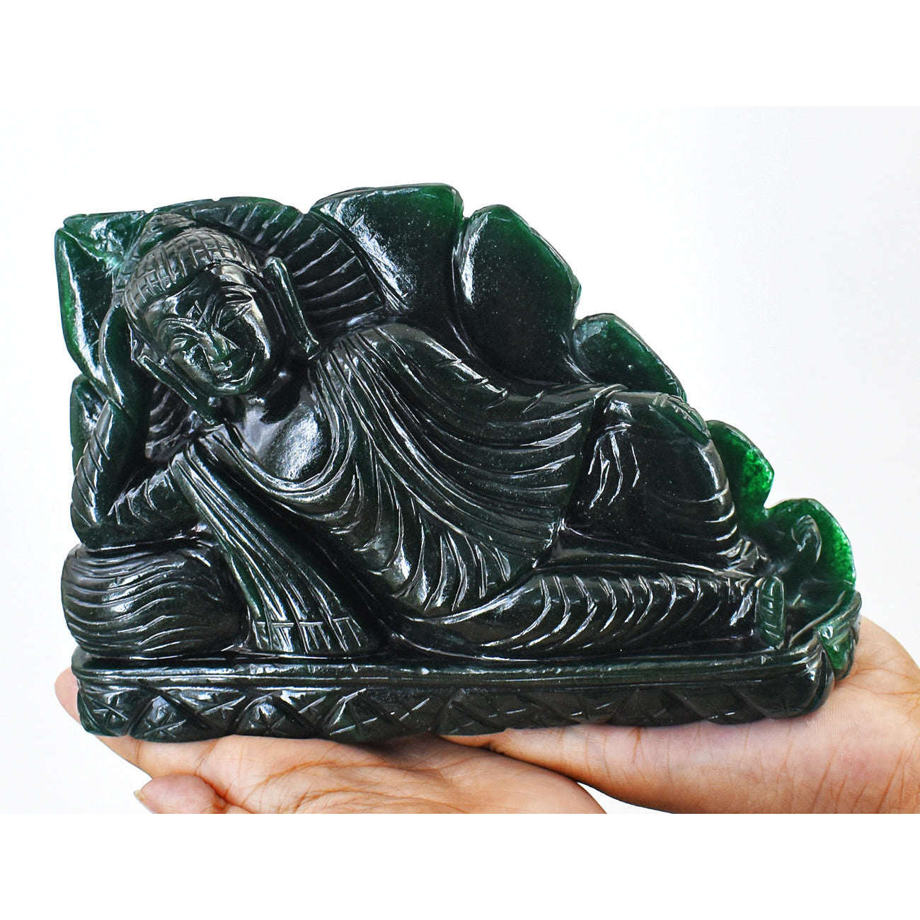gemsmore:Artisian Green Jade Hand Carved Genuine Crystal Gemstone Carving Huge Sleeping Lord Buddha
