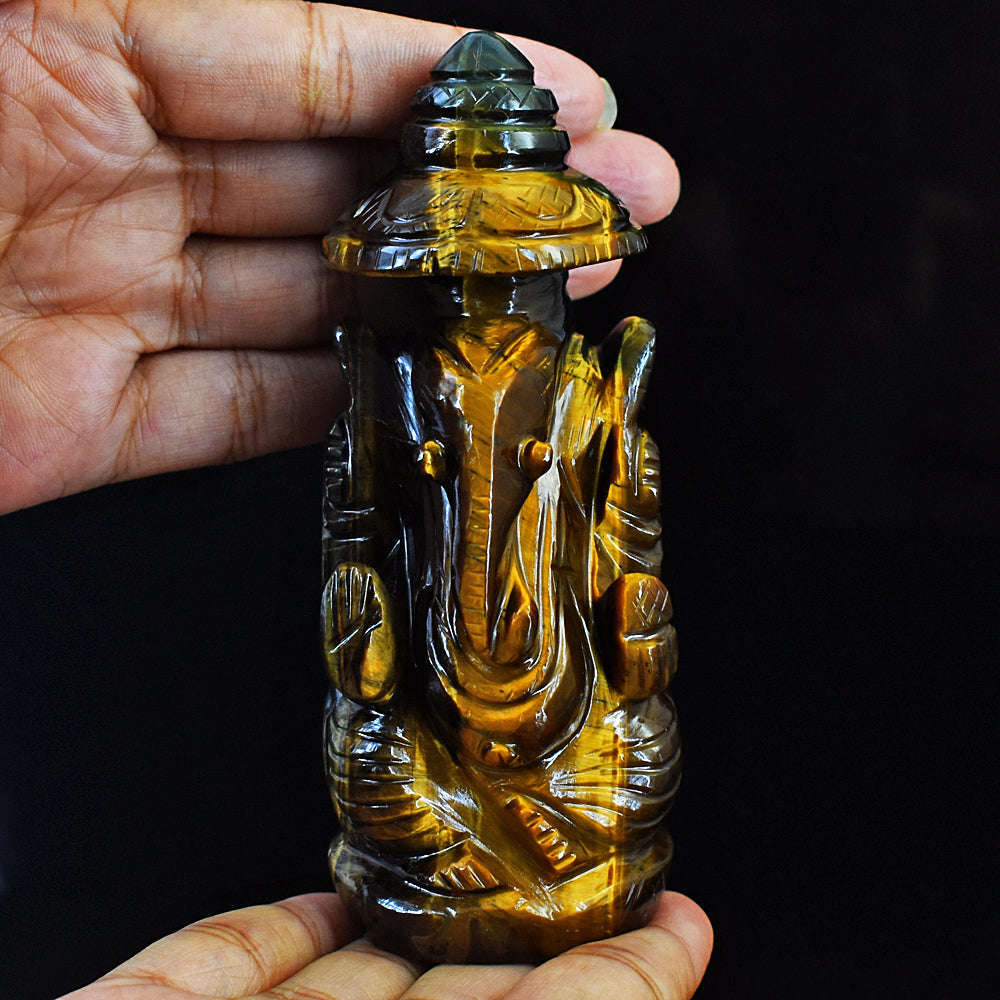 gemsmore:Artisian Hand Carved Golden Tiger Eye Ganesha With Throne