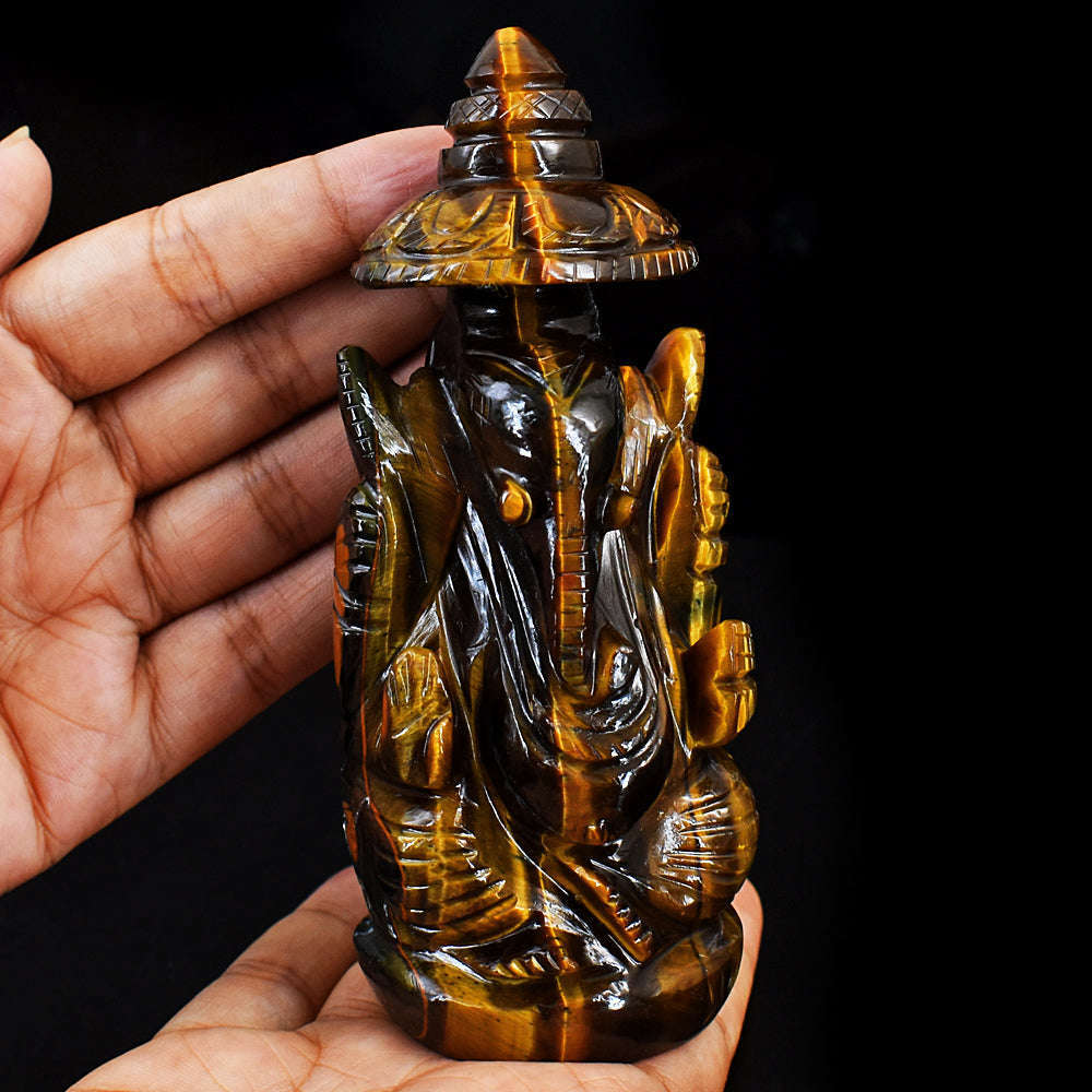 gemsmore:Artisian Hand Carved Golden Tiger Eye Ganesha With Throne
