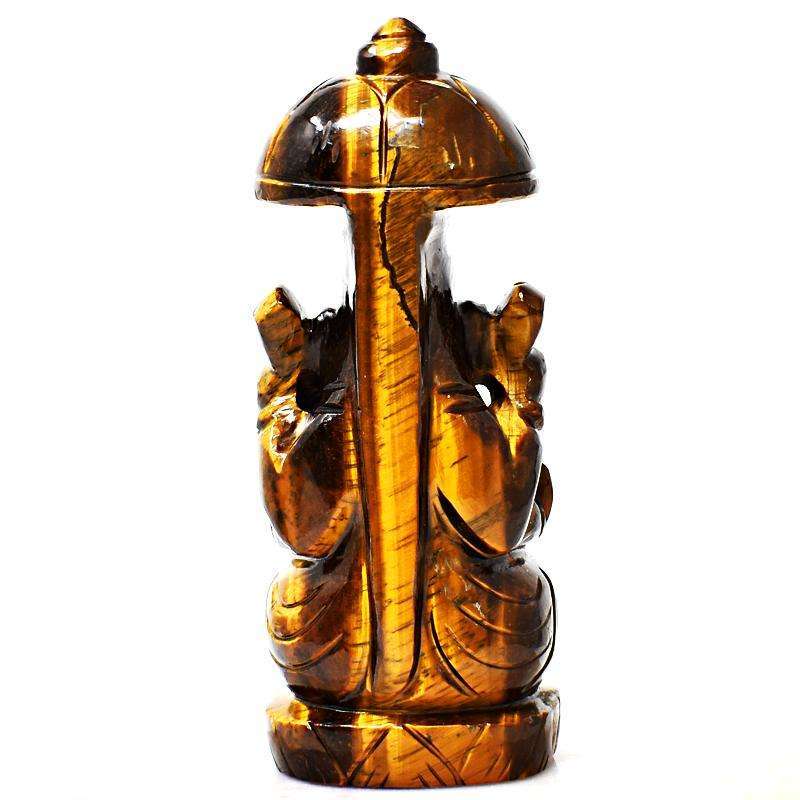 gemsmore:Artisian Hand Carved Golden Tiger Eye Ganesha With Throne