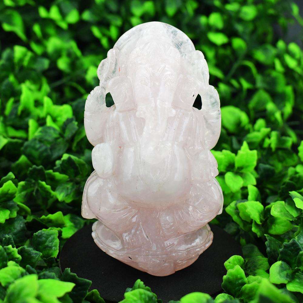 gemsmore:Artisian Hand Carved Pink Rose Quartz Lord Ganesha Idol