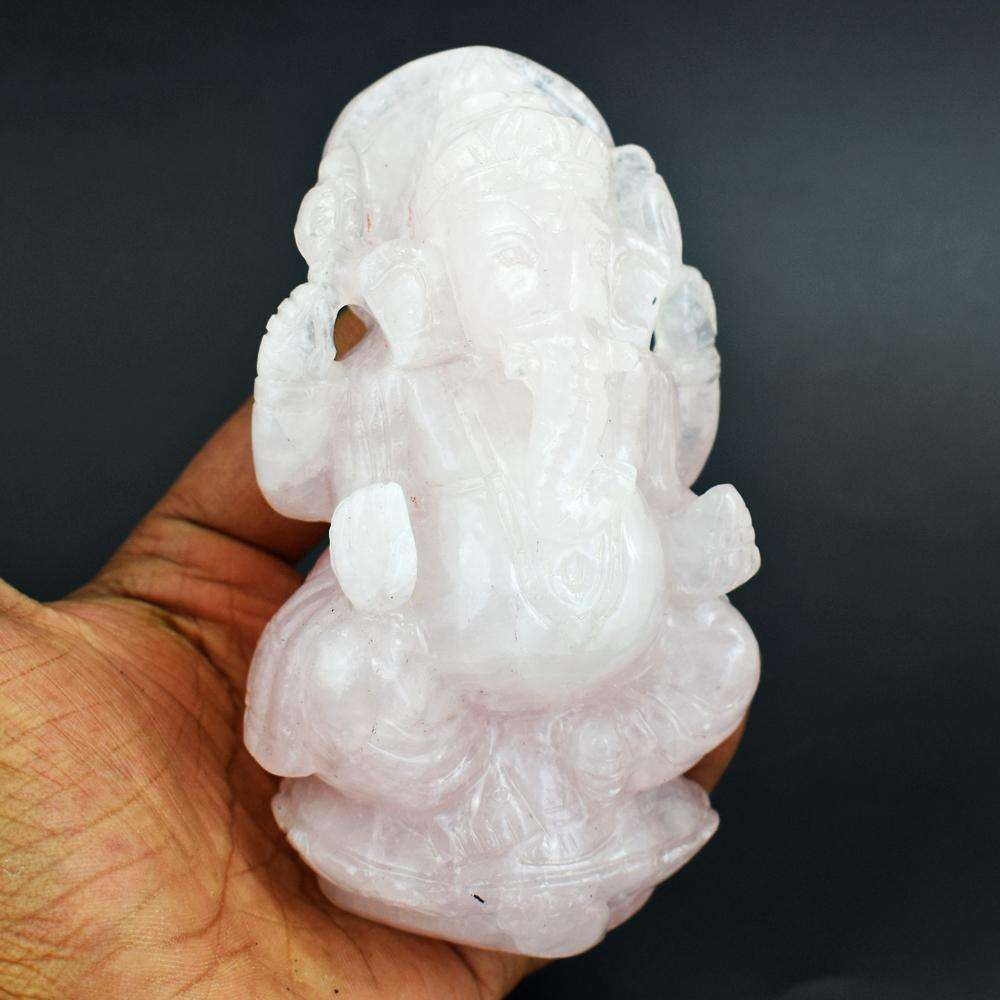 gemsmore:Artisian Hand Carved Pink Rose Quartz Lord Ganesha Idol
