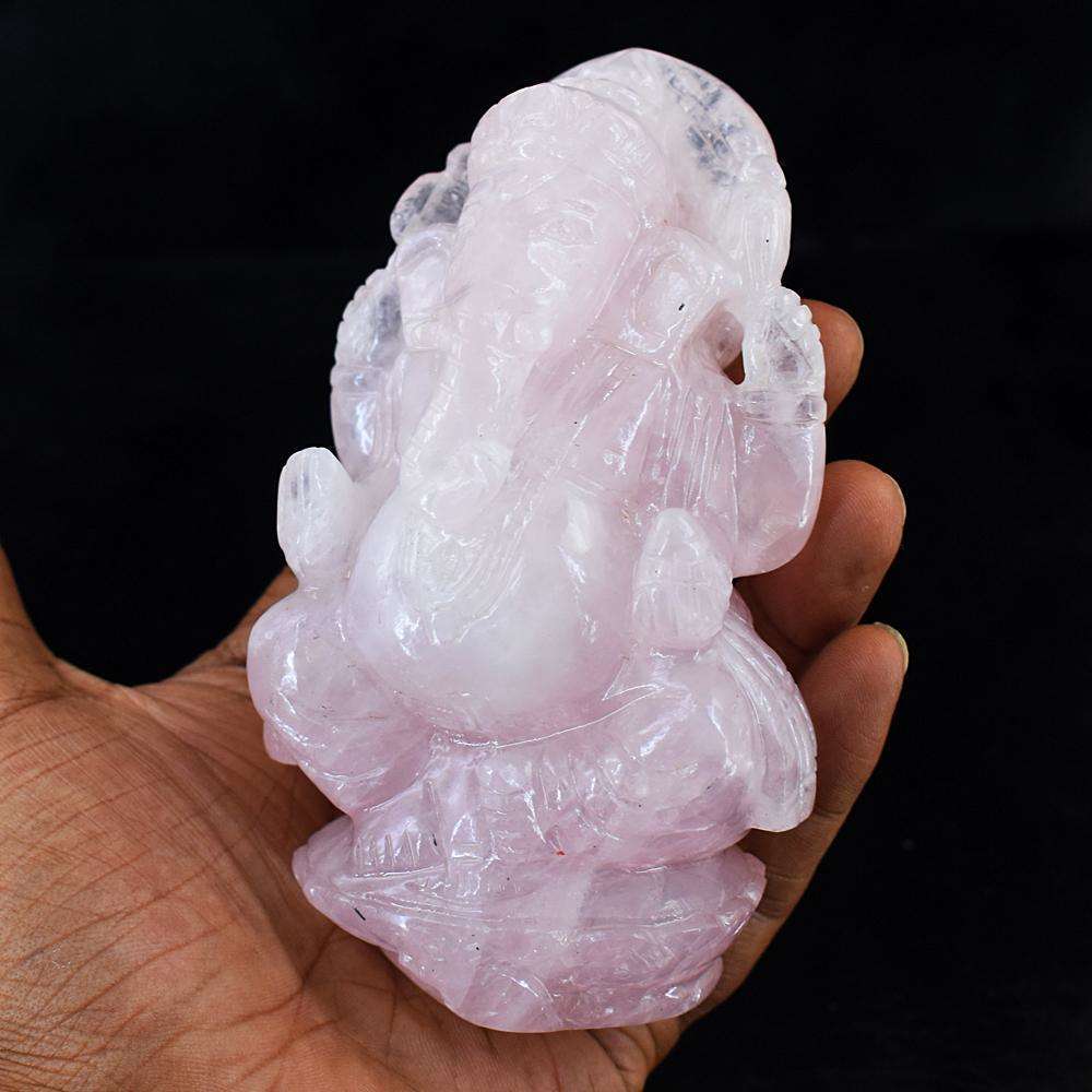 gemsmore:Artisian Hand Carved Pink Rose Quartz Lord Ganesha Idol