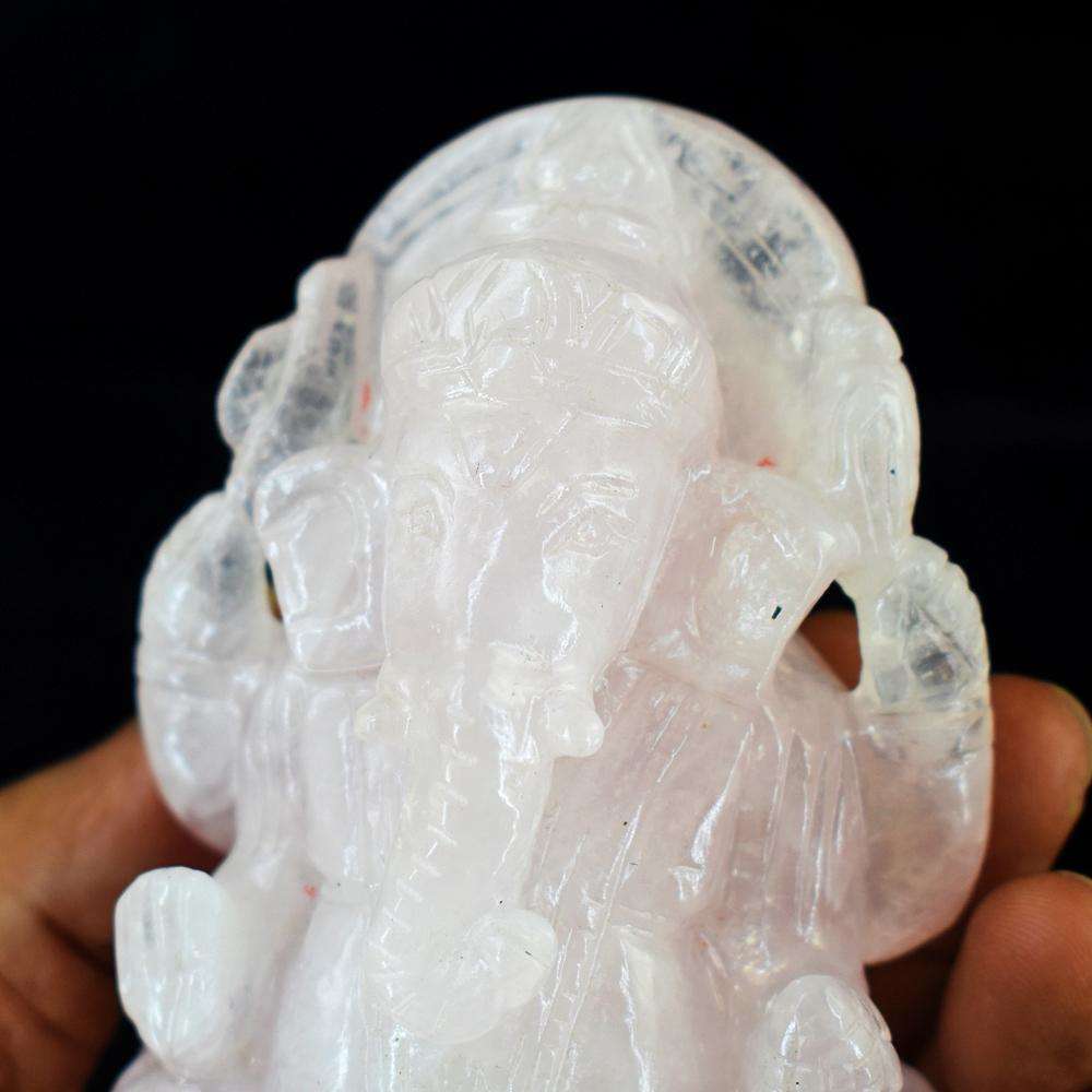 gemsmore:Artisian Hand Carved Pink Rose Quartz Lord Ganesha Idol
