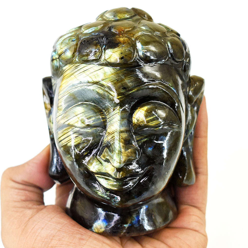 gemsmore:Artisian Labradorite Hand Carved Genuine Crystal Gemstone Carving Buddha Head