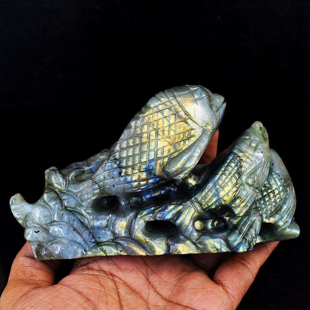 gemsmore:Artisian Labradorite Hand Carved Genuine Crystal Gemstone Carving Fish Family