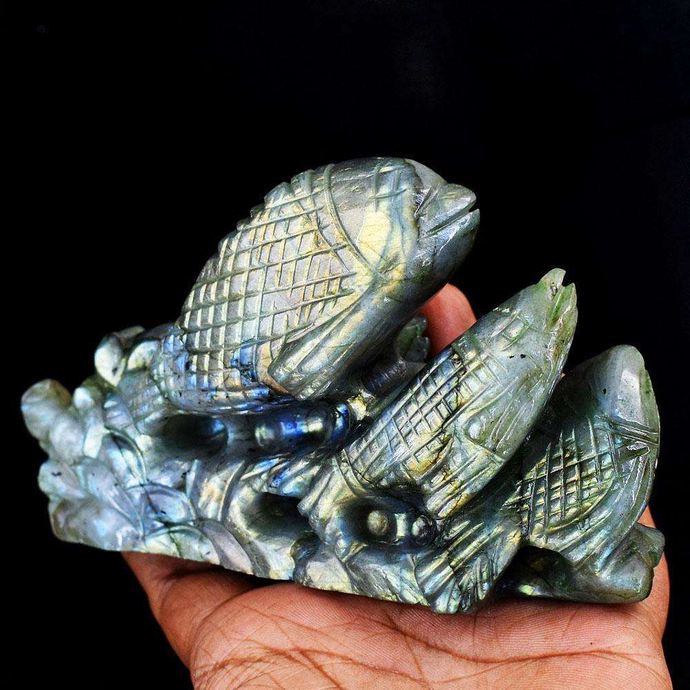 gemsmore:Artisian Labradorite Hand Carved Genuine Crystal Gemstone Carving Fish Family