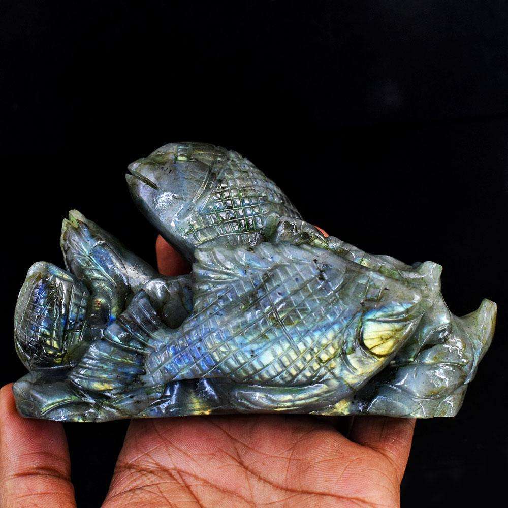 gemsmore:Artisian Labradorite Hand Carved Genuine Crystal Gemstone Carving Fish Family