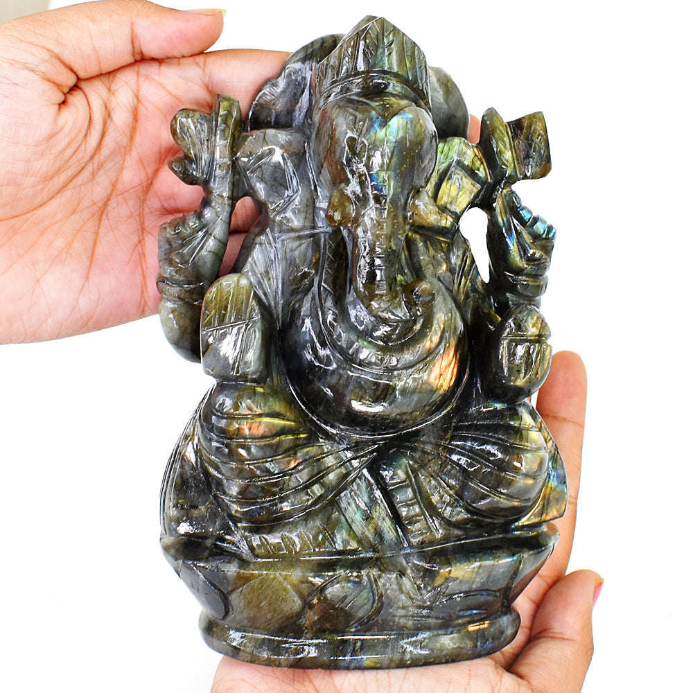 gemsmore:Artisian Labradorite  Hand Carved Genuine Crystal Gemstone Carving Huge Lord Ganesha