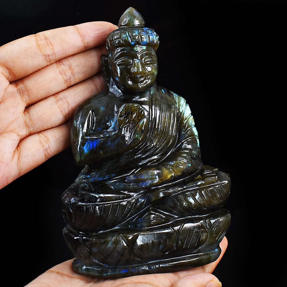 gemsmore:Artisian Labradorite Hand Carved Genuine Crystal Gemstone Carving Lord Buddha