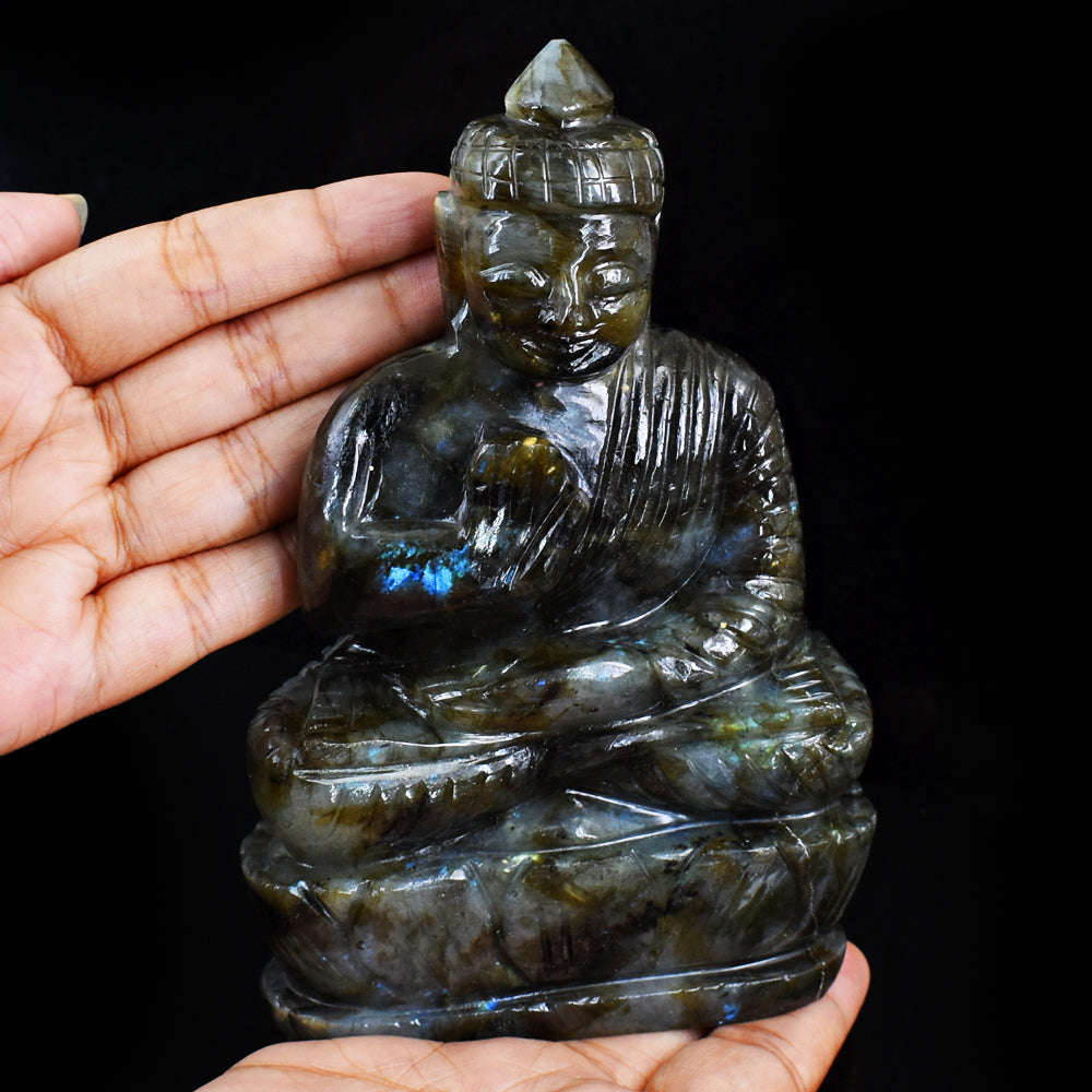 gemsmore:Artisian Labradorite Hand Carved Genuine Crystal Gemstone Carving Lord Buddha