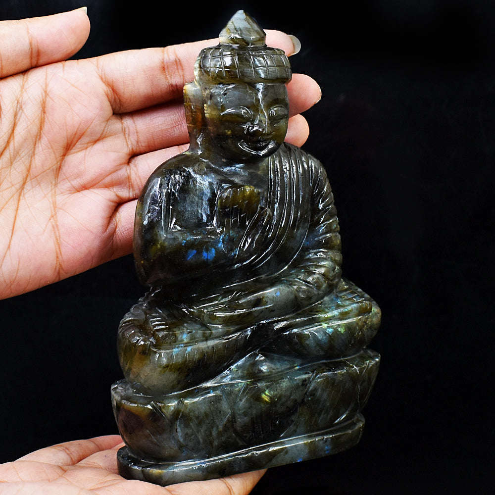 gemsmore:Artisian Labradorite Hand Carved Genuine Crystal Gemstone Carving Lord Buddha