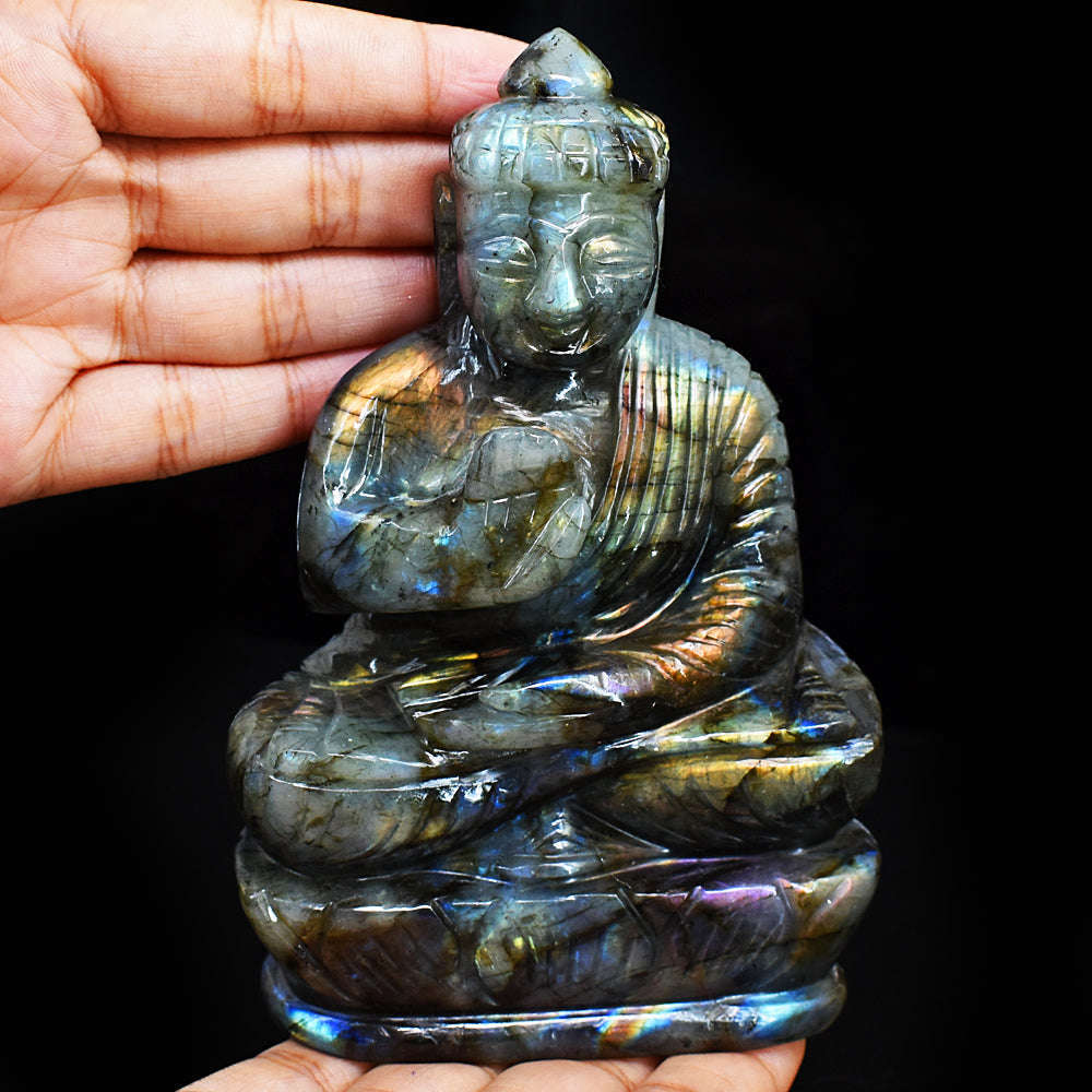 gemsmore:Artisian Labradorite Hand Carved Genuine Crystal Gemstone Carving Lord Buddha