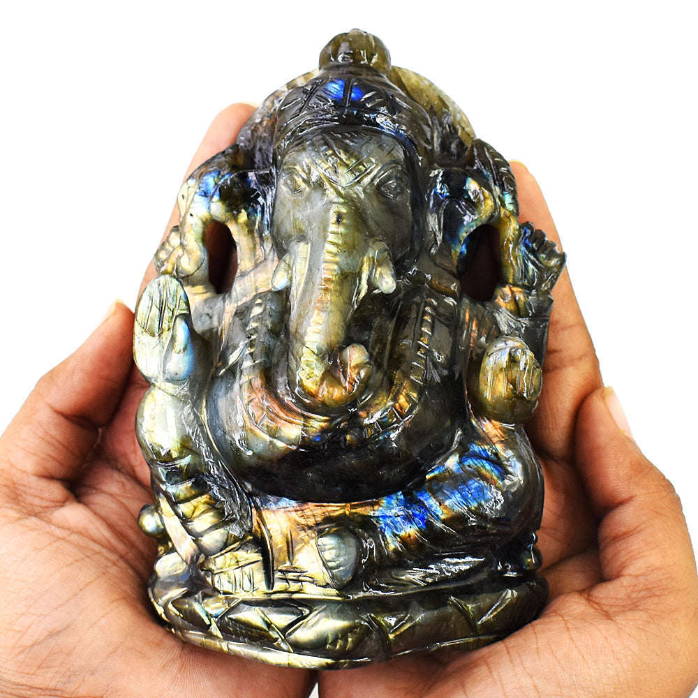 gemsmore:Artisian Labradorite  Hand Carved Genuine Crystal Gemstone Carving Lord Ganesha