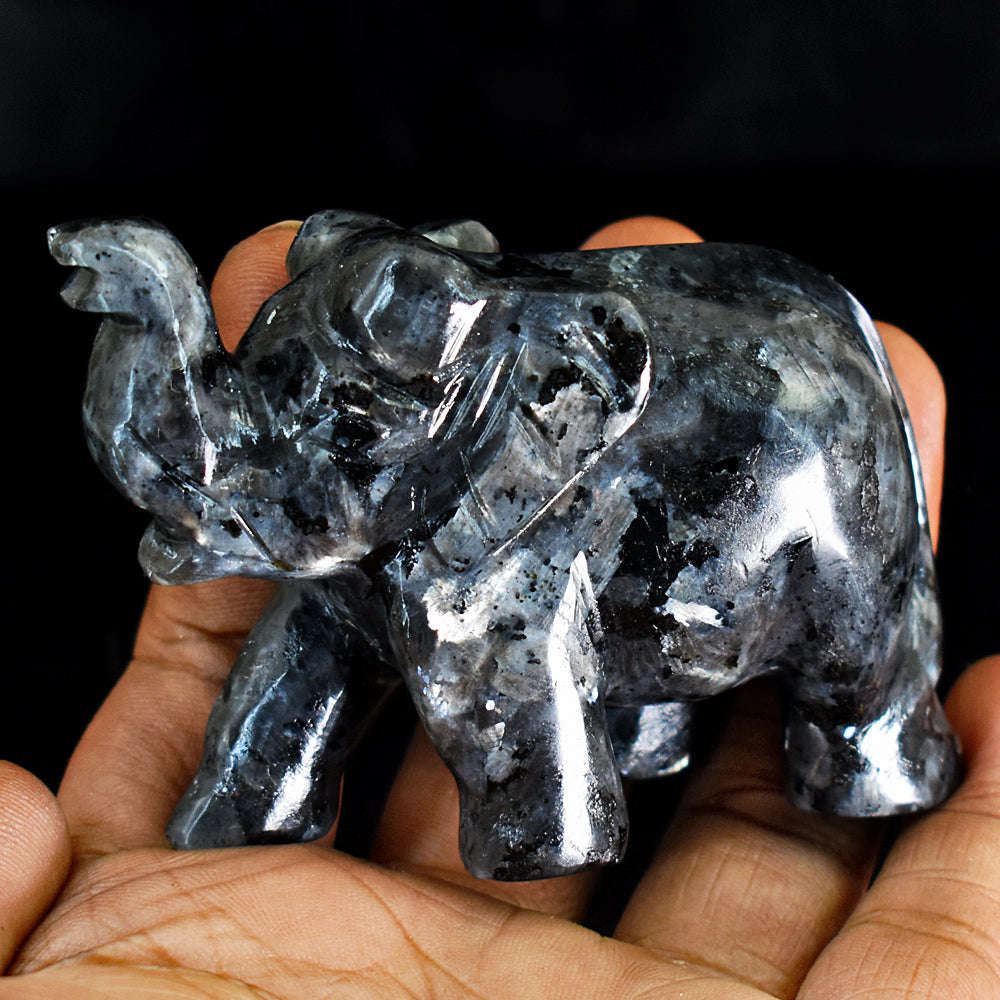gemsmore:Artisian Larvikite  Hand Carved Genuine Crystal Gemstone Carving Elephant