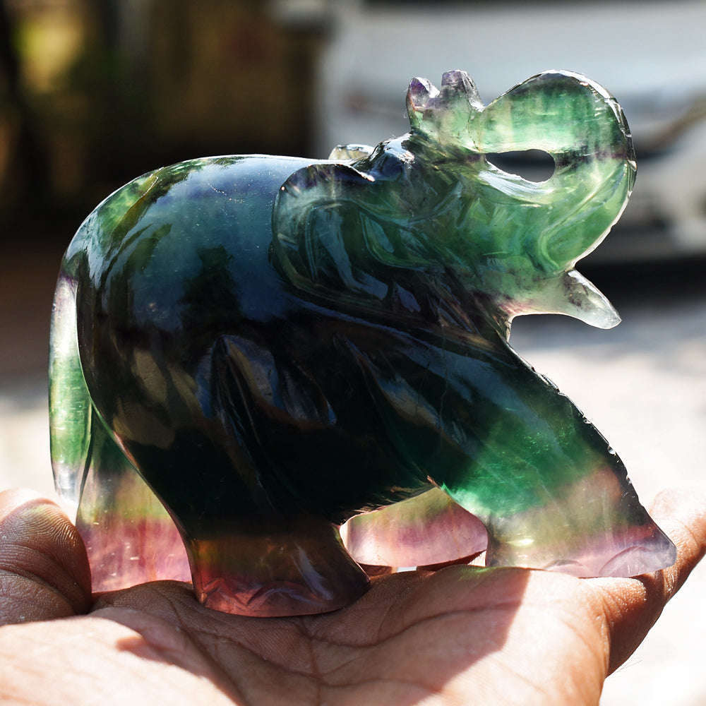 gemsmore:Artisian Multicolor Fluorite Hand Carved Genuine Crystal Gemstone Carving Elephant