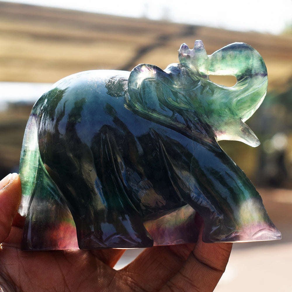 gemsmore:Artisian Multicolor Fluorite Hand Carved Genuine Crystal Gemstone Carving Elephant