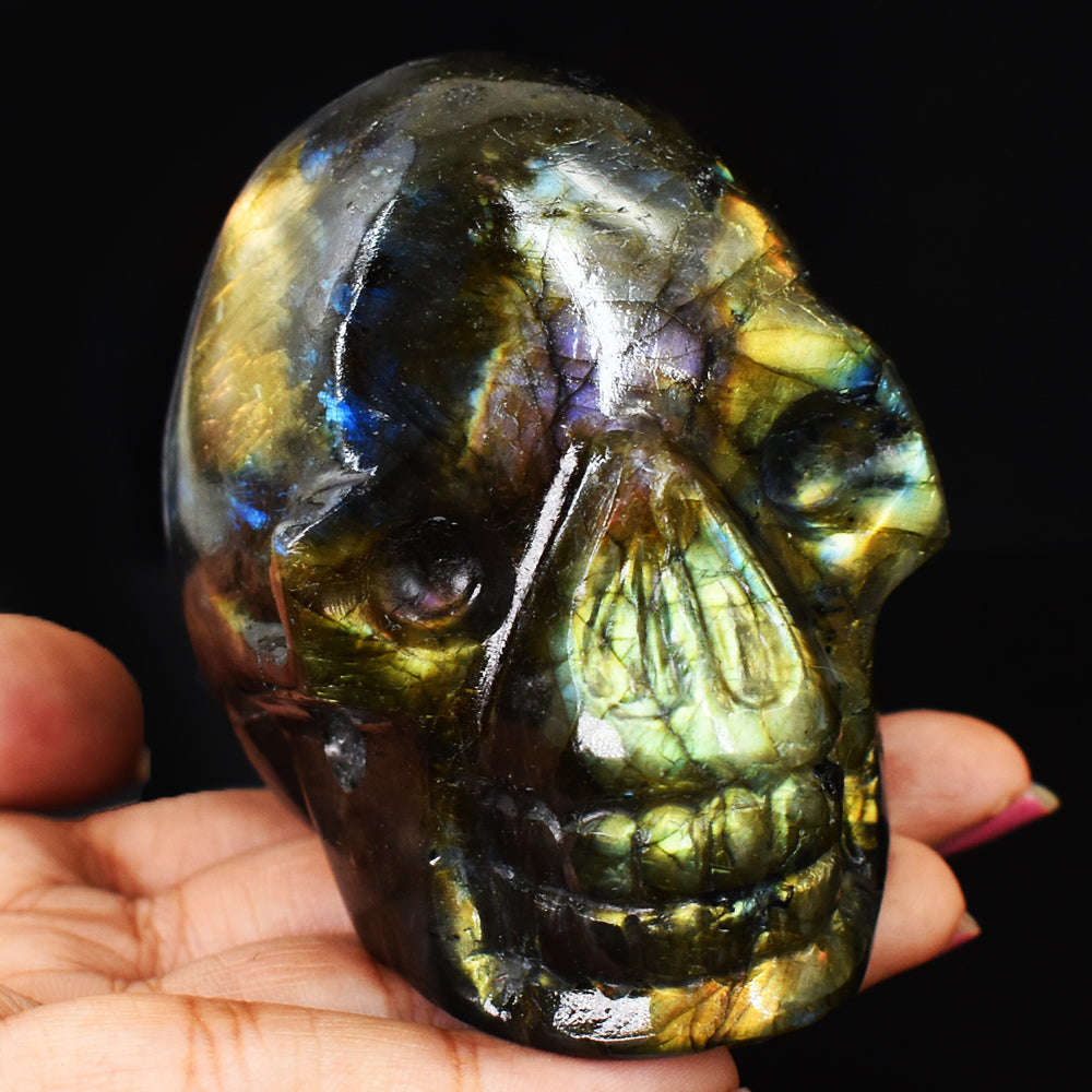 gemsmore:Artisian Pink Flash Labradorite Hand Carved Genuine Crystal Gemstone Carving Skull