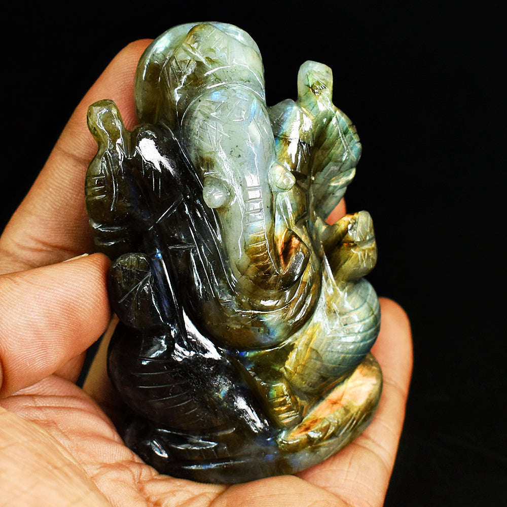 gemsmore:Artisian Sunset Flash Labradorite Hand Carved Genuine Crystal Gemstone Carving Lord Ganesha