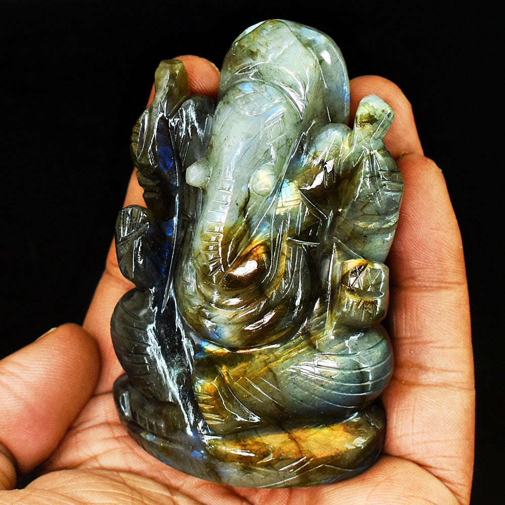 gemsmore:Artisian Sunset Flash Labradorite Hand Carved Genuine Crystal Gemstone Carving Lord Ganesha