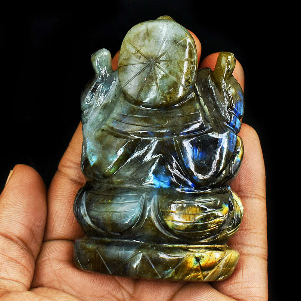 gemsmore:Artisian Sunset Flash Labradorite Hand Carved Genuine Crystal Gemstone Carving Lord Ganesha
